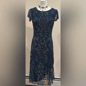 Pisarro Nights Blue Silver Gray Beaded & Sequence Mesh Midi Cocktail Dress Sz 2.